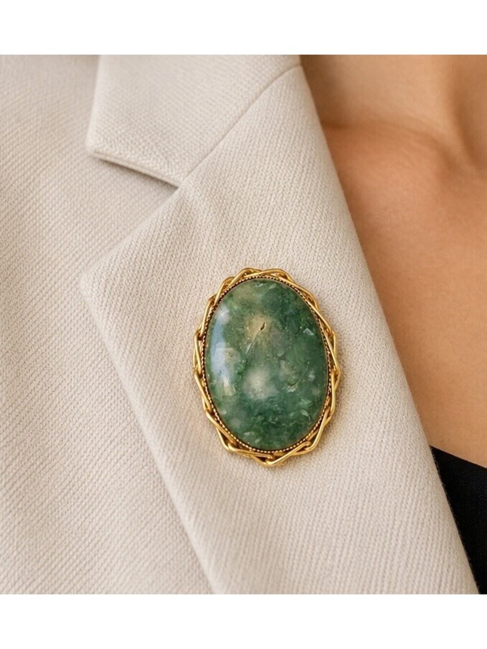 Vintage 1960s Brooch Pendant Gold Tone Moss Agate Oval Cabochon, 1.5x2”